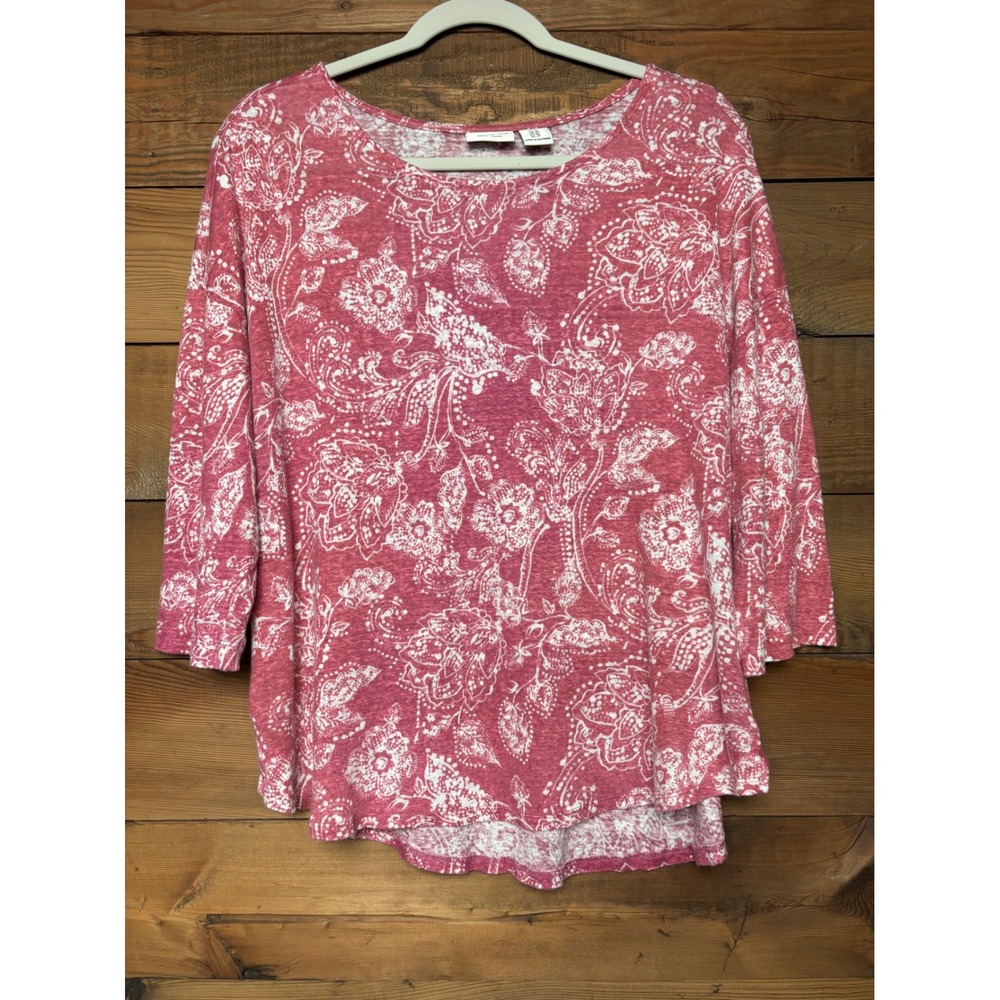 Rachel Zoe 100% Linen Top Womens 1X Pink Paisley 3/4 Sleeve Round Neck